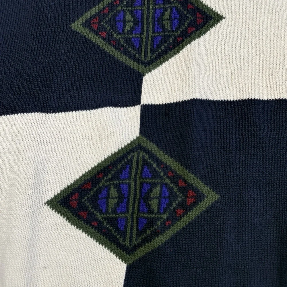 Vintage Michael Gerald Sweater Size‎ Large Geometric Grandpa Dad 90s Navy/Ivory